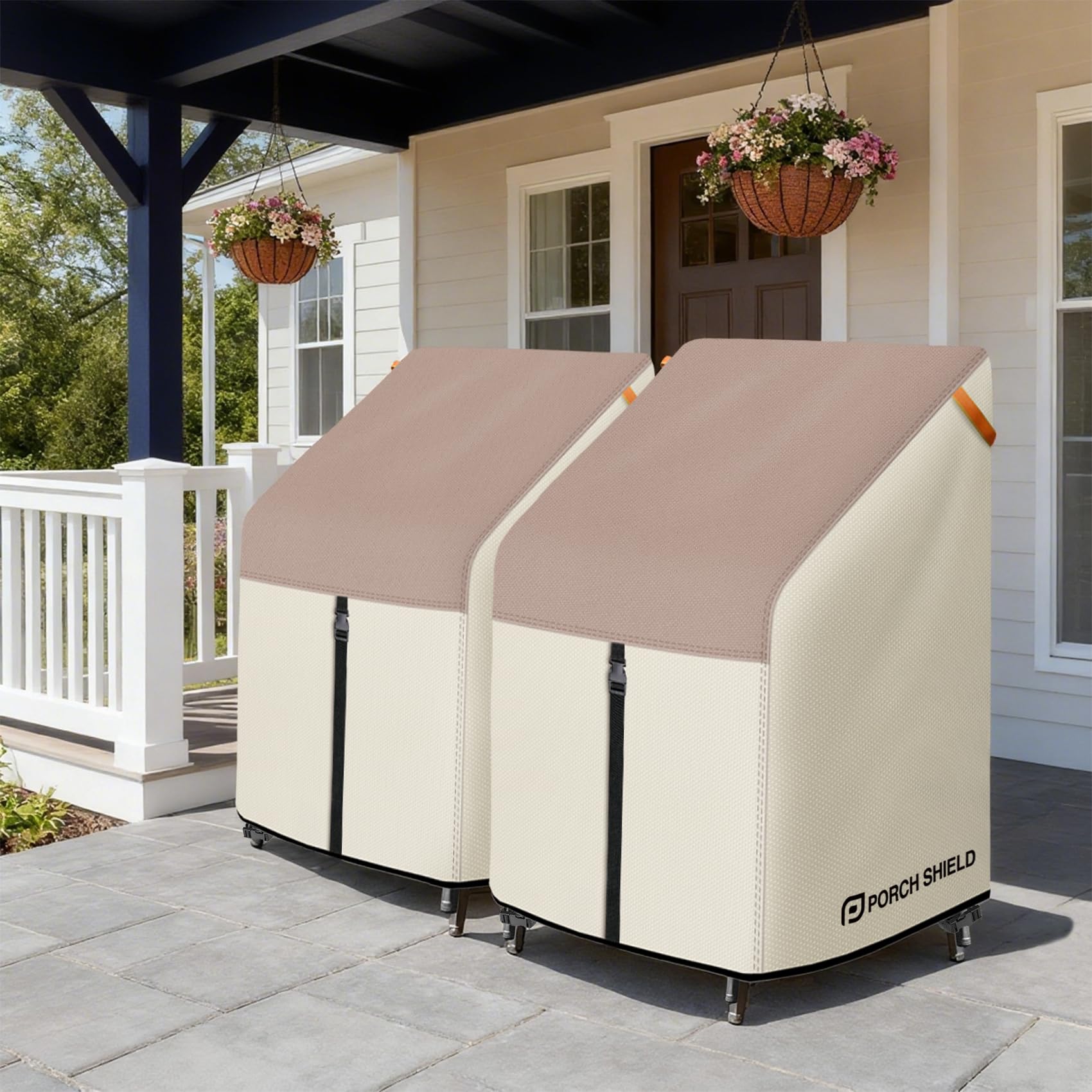 Porch Shield cover on stacked chairs showing proper size and scale