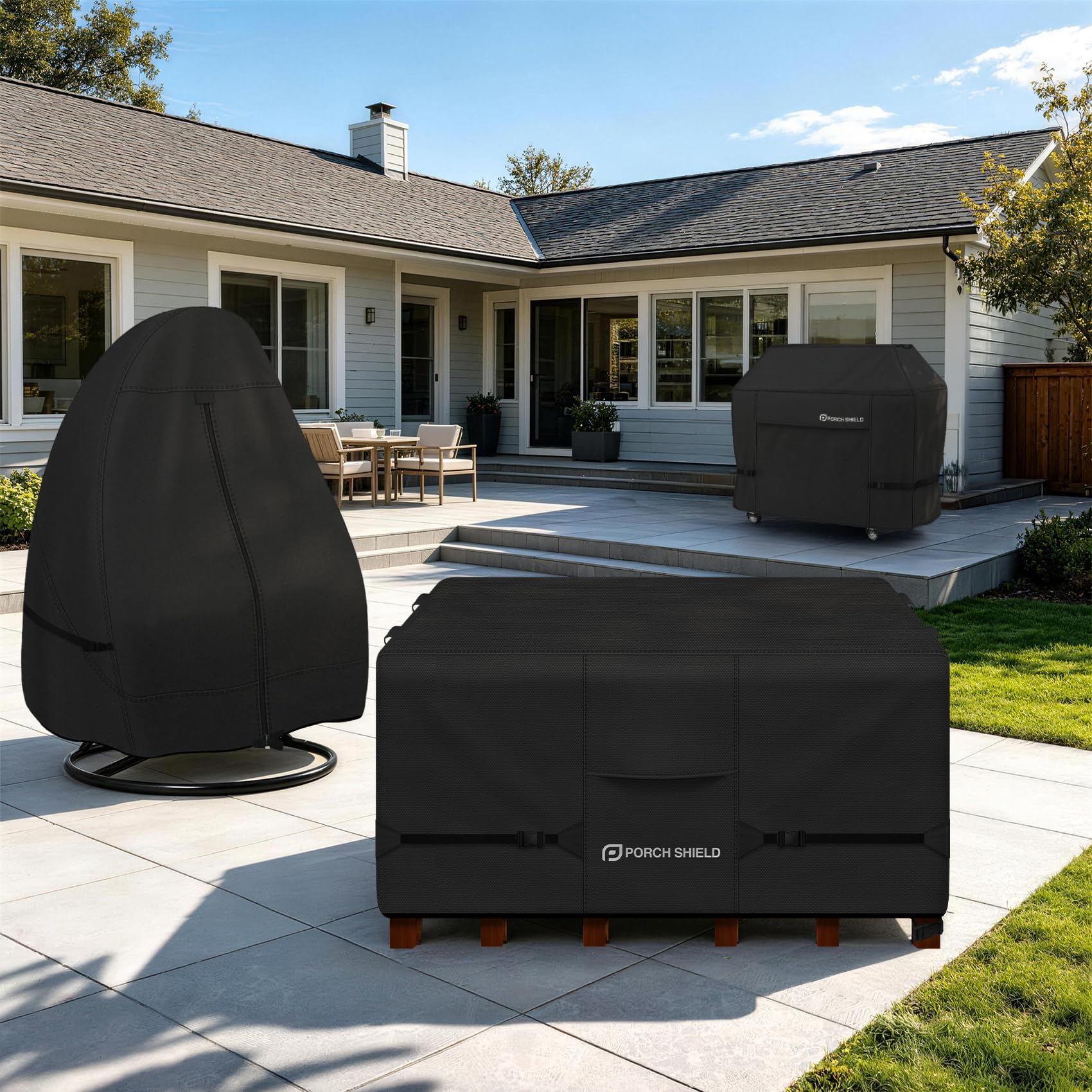 Porch Shield cover shown with chair for scale demonstrating fit