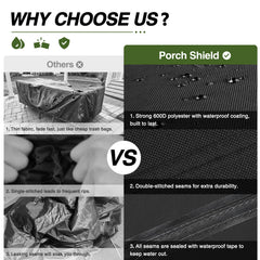 Porch Shield adjustable click-close strap and bottom buckle securing cover in wind