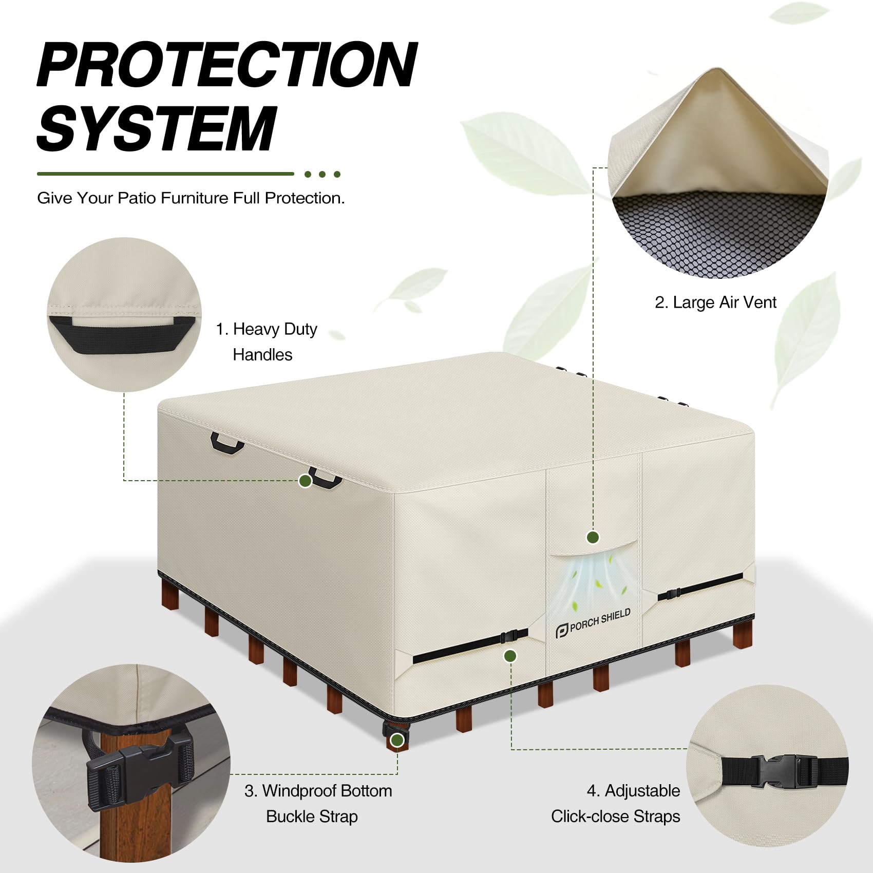 Porch Shield strap and buckle system securing cover tightly to resist wind