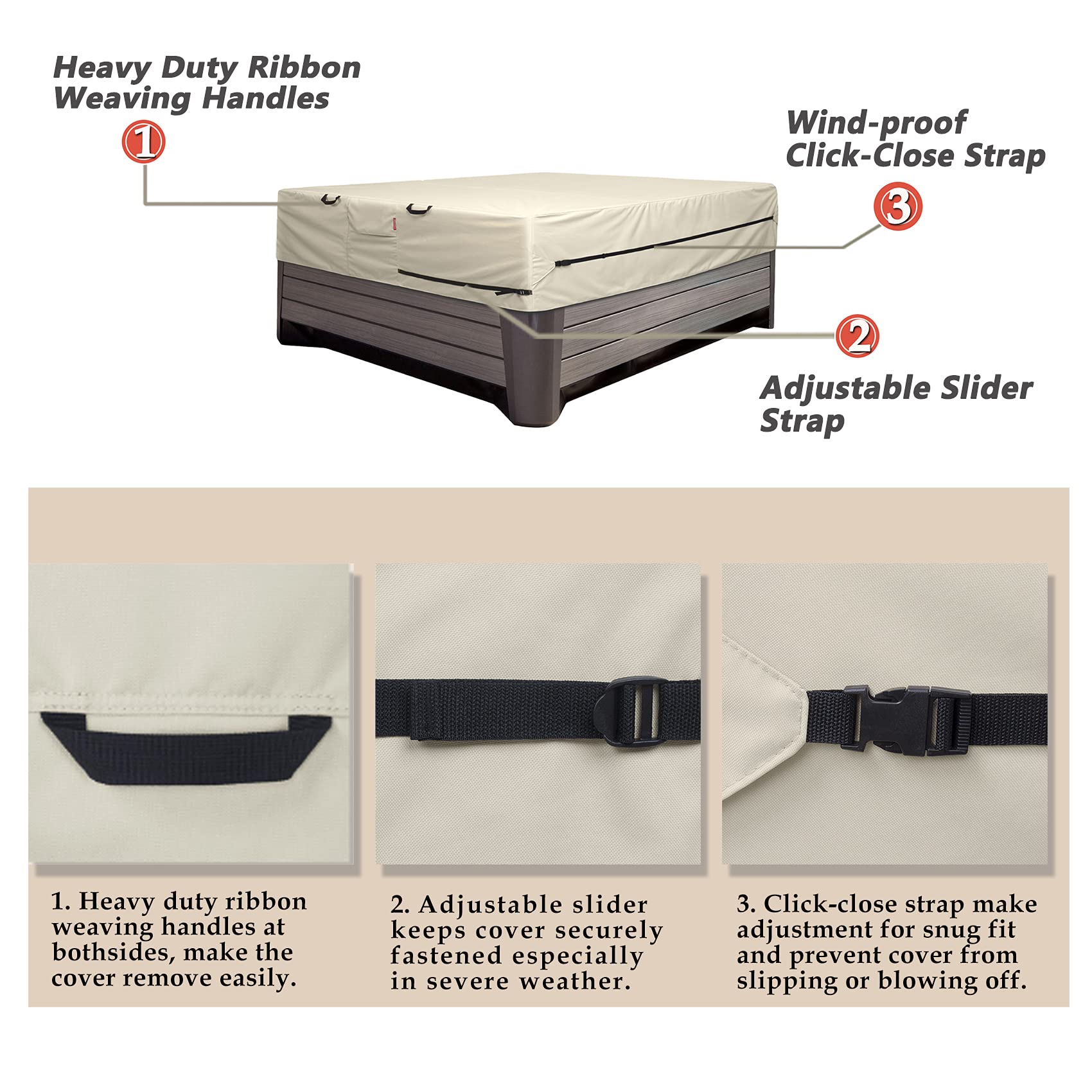 Porch Shield adjustable buckle strap and sliding clip securing cover against wind
