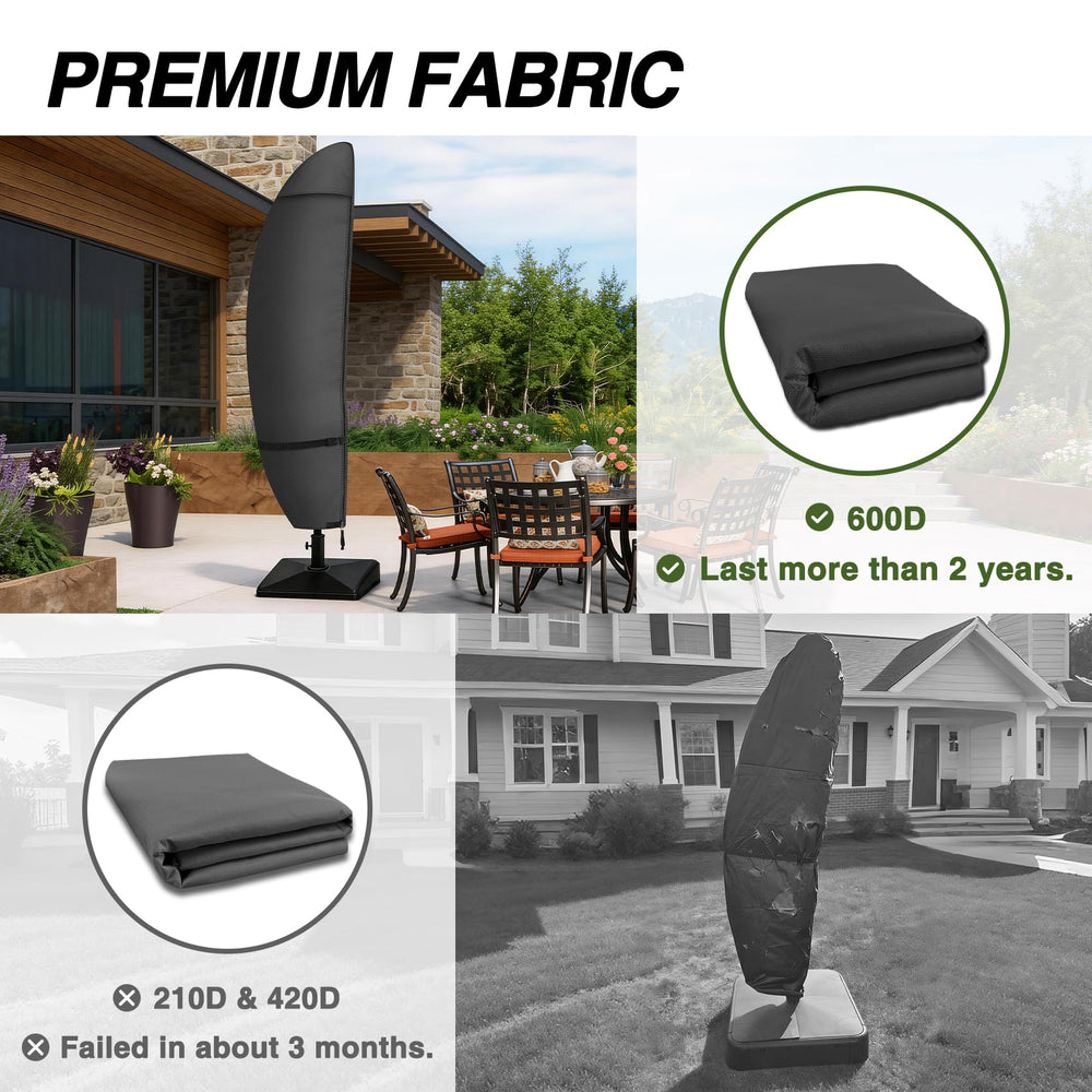 Porch Shield adjustable strap and buckle secured to umbrella base to resist wind