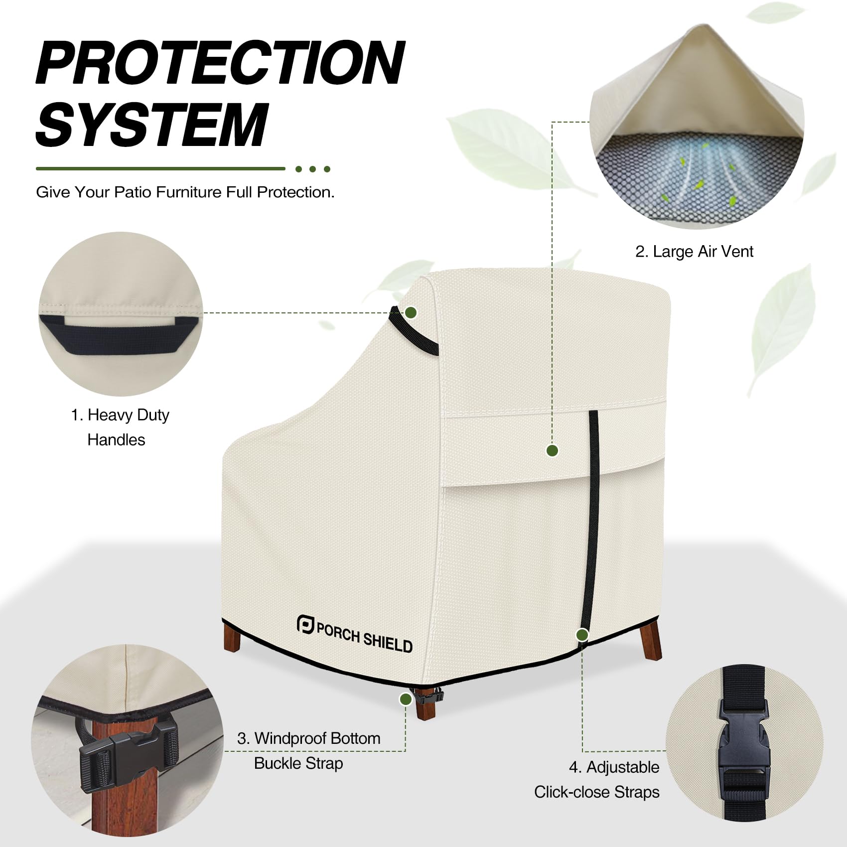Porch Shield adjustable straps and bottom buckle secured to keep cover in windy conditions