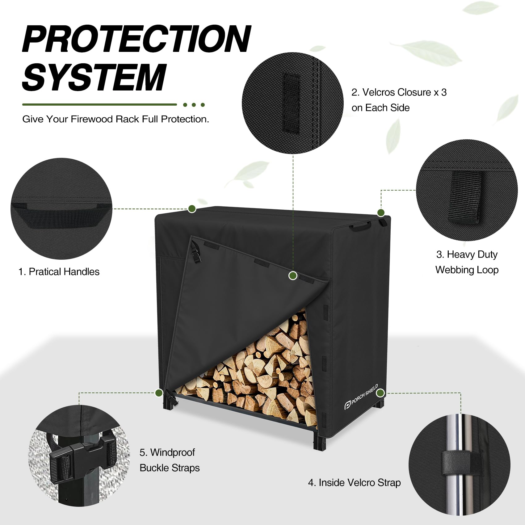 Porch Shield velcro and buckle fastening securing cover to rack for wind resistance