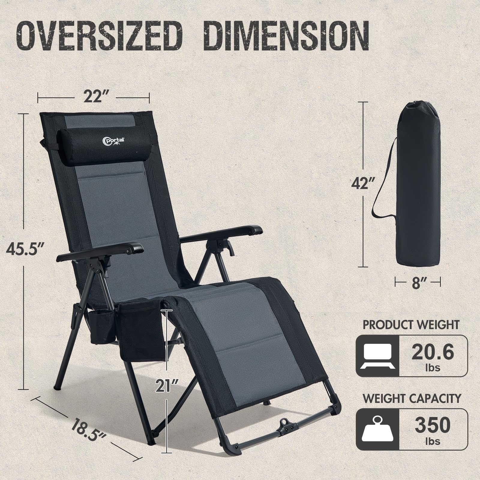 Portal adjustable headrest detail showing customizable neck support benefit