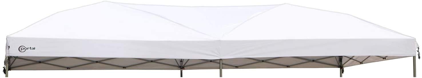 Portal white canopy front view showing full 10x20 coverage and clean profile