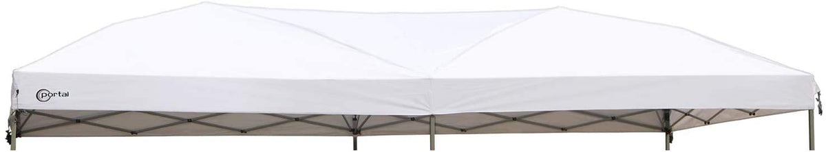 Portal white canopy front view showing full 10x20 coverage and clean profile