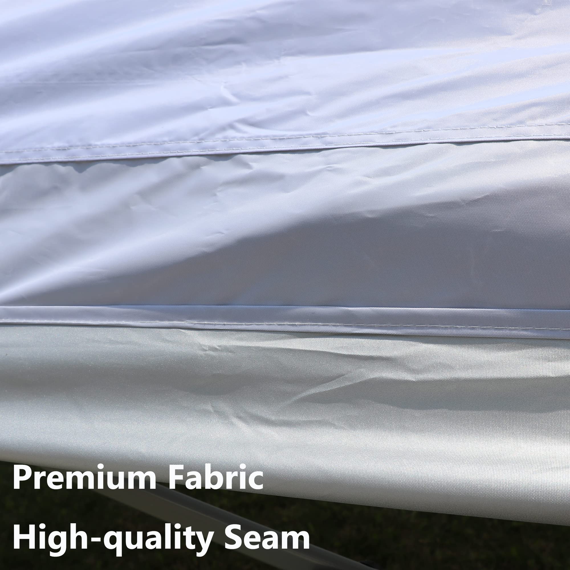 Portal canopy next to a person for scale showing the 10x20 size and coverage