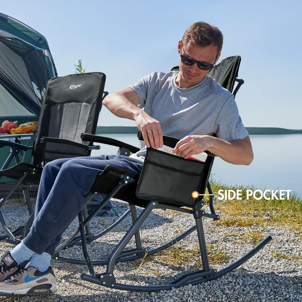 Portal chair at campsite with gear demonstrating portability and event readiness