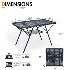Portal close-up of iron mesh tabletop showing heat resistance and durability