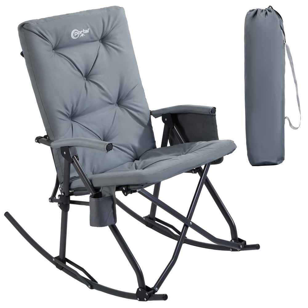 Portal front view of gray rocking chair showing overall design and stability