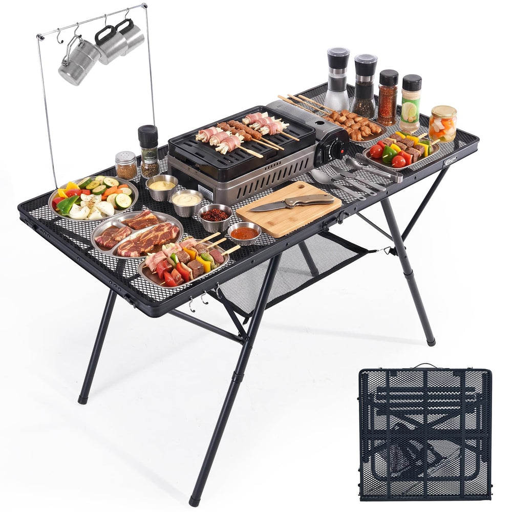 Portal front view showing sturdy folding outdoor table and easy setup benefit