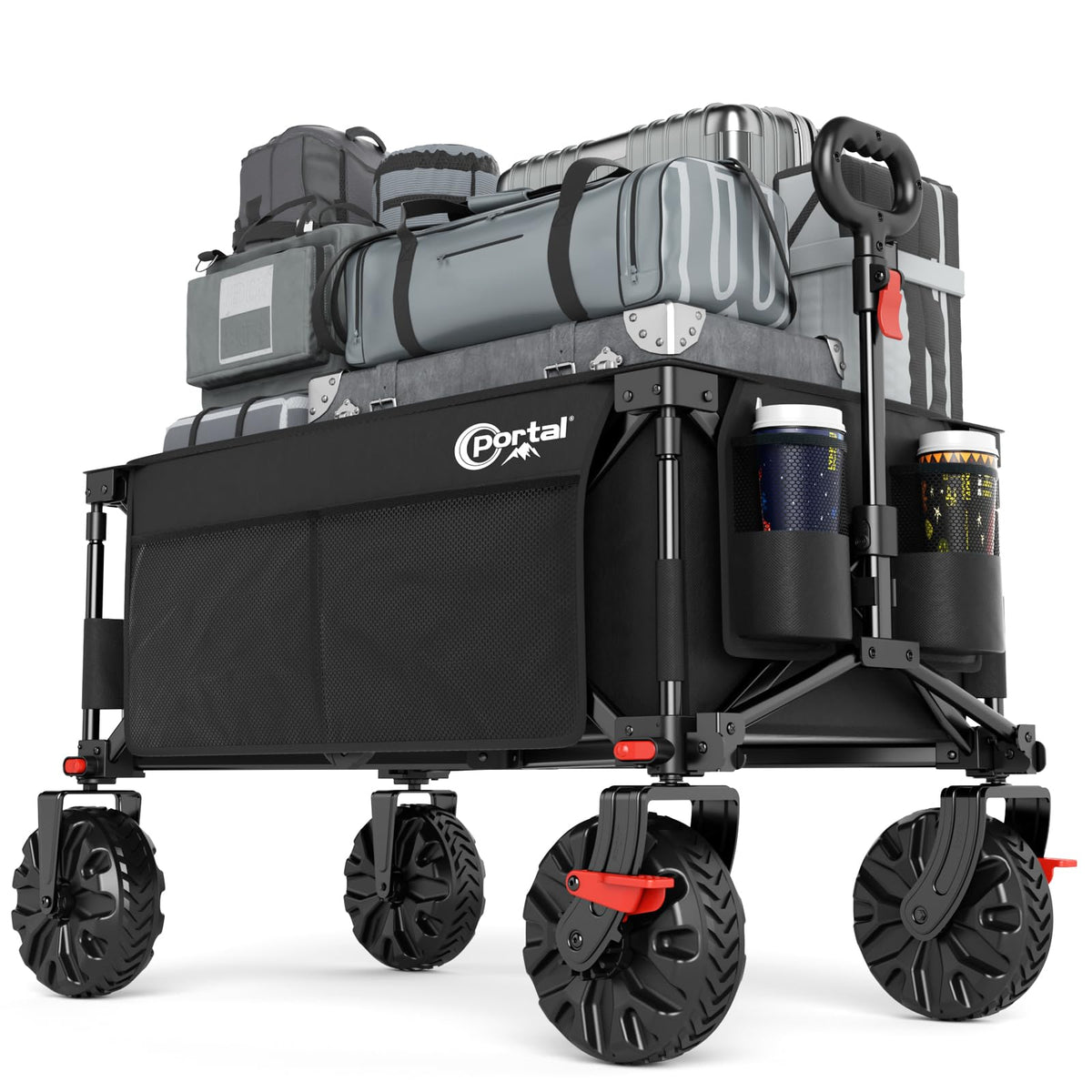 Portal front view open wagon showing large load capacity and organized gear