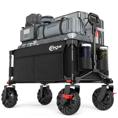 Portal front view open wagon showing large load capacity and organized gear