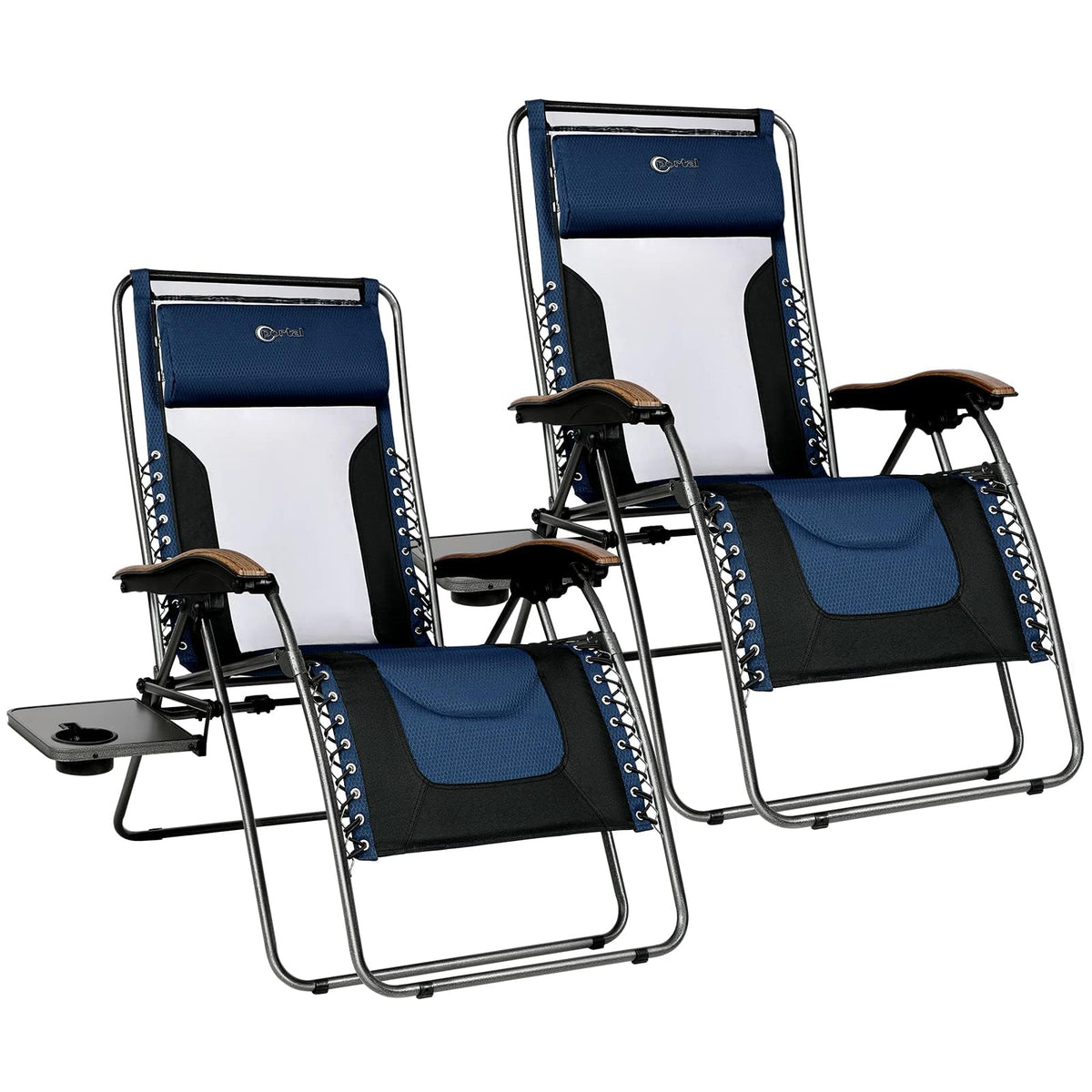 Portal front view of two blue oversized mesh chairs showing comfort
