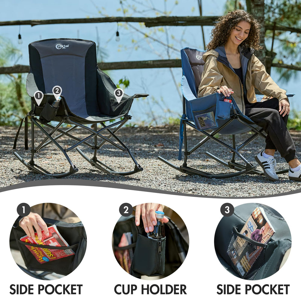 Portal chair in campsite scene showing relaxation and outdoor convenience