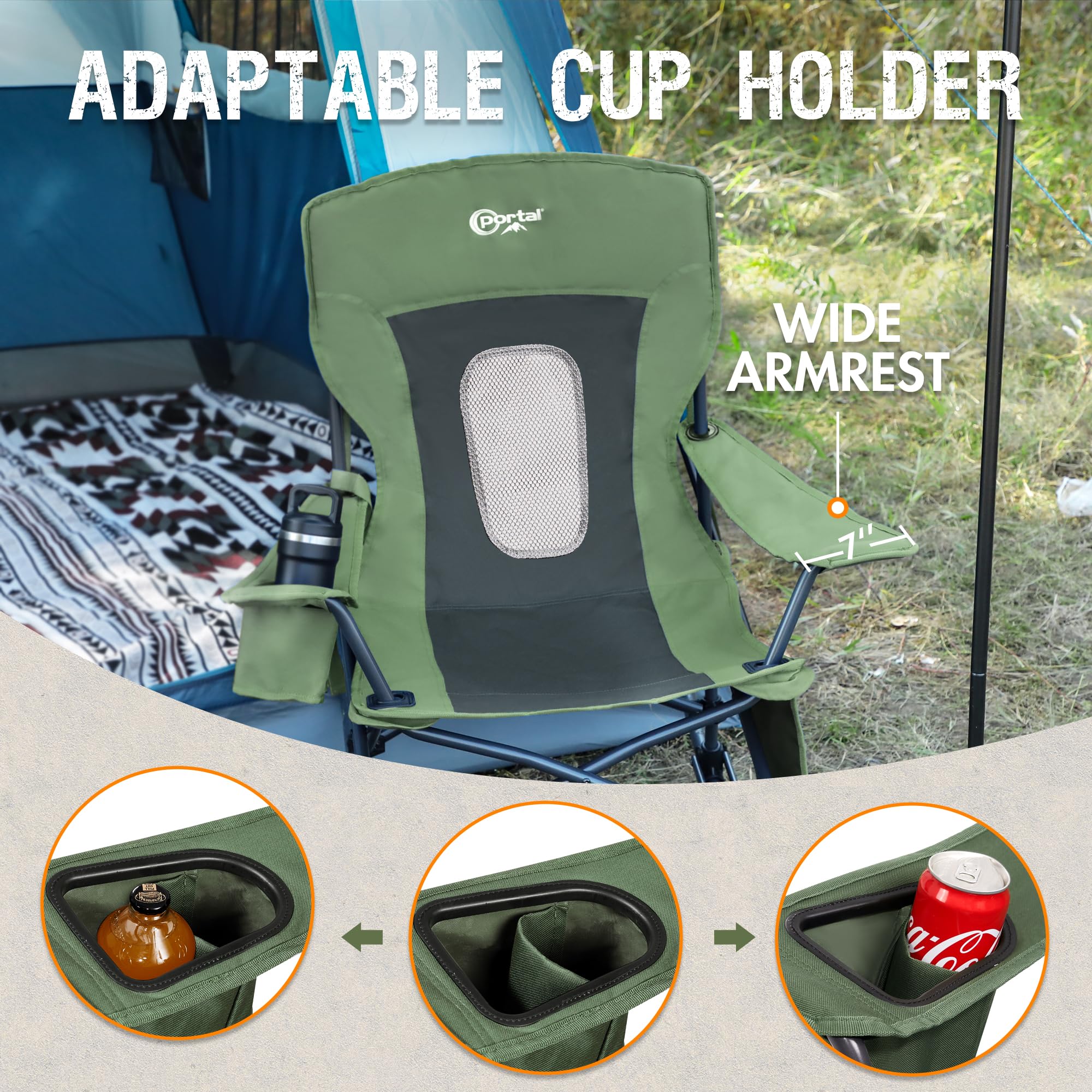 Portal lifestyle rocker at campsite showing comfort during outdoor relaxation benefit