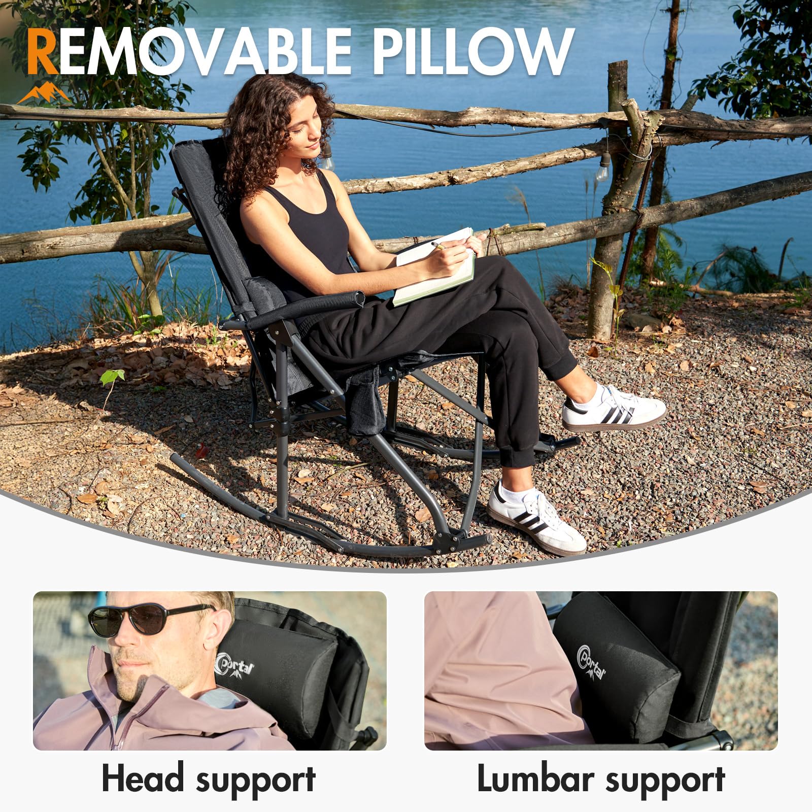 Portal 29-inch padded back closeup providing shoulder and head support for longer use