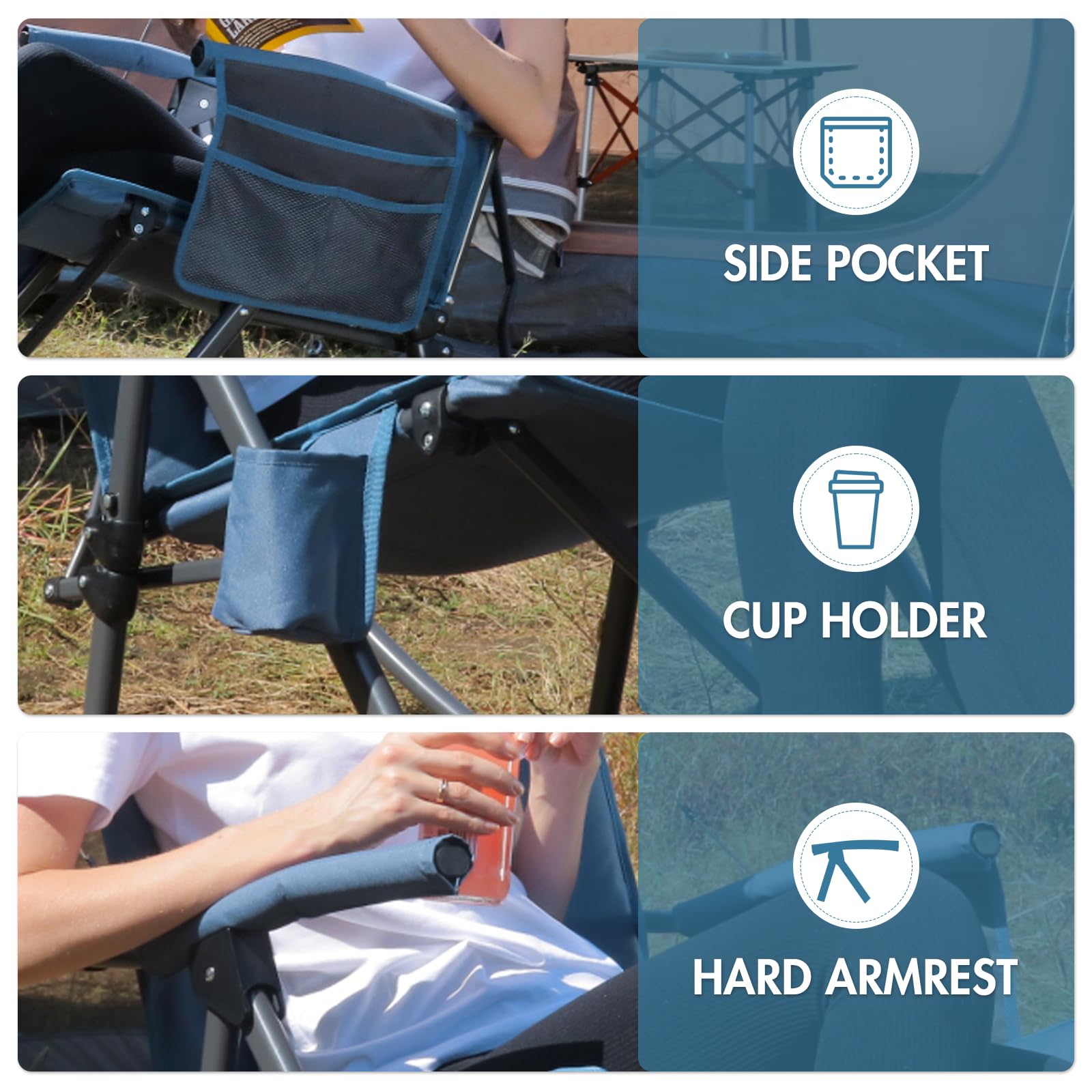 Portal cup holder and side pocket detail keeping drinks and essentials organized