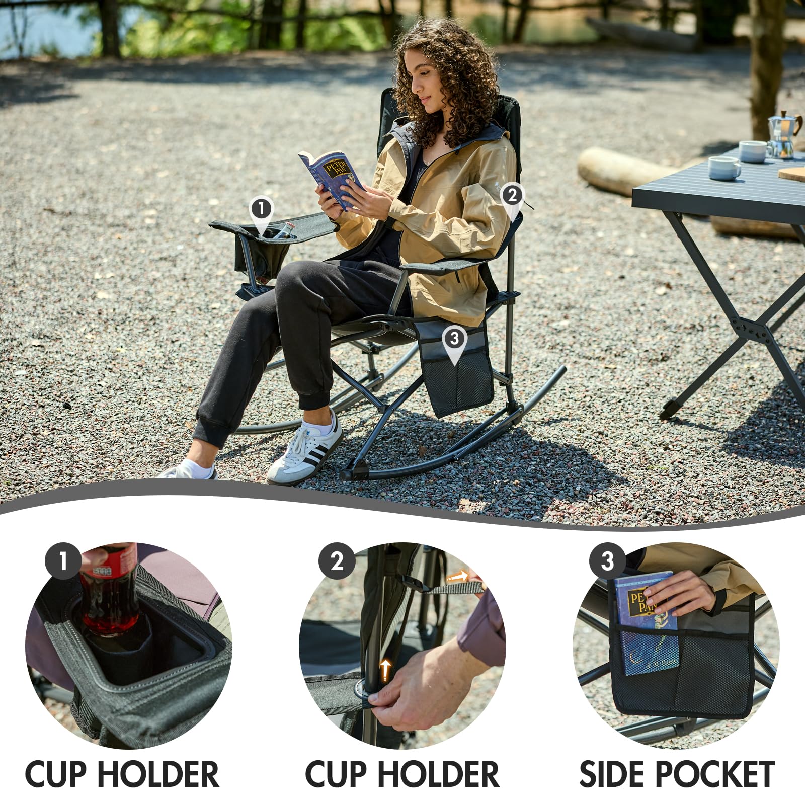 Portal next to a backpack showing 18-inch seat height scale for portability