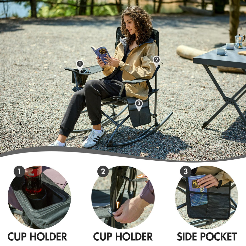 Portal next to a backpack showing 18-inch seat height scale for portability