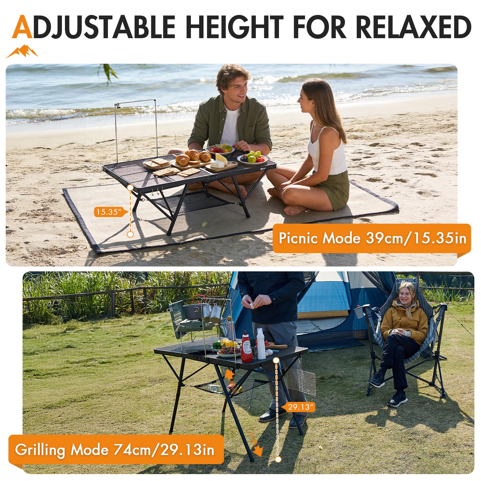 Portal low picnic mode side profile showing comfortable seated dining benefit