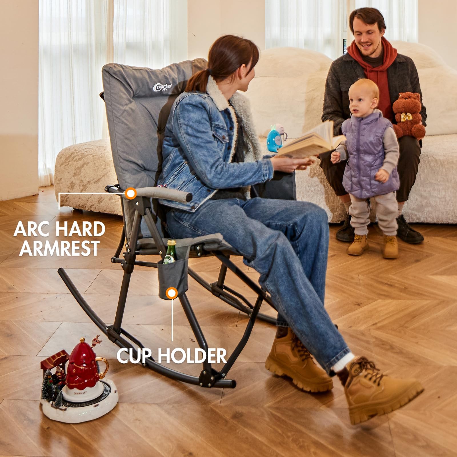 Portal chair next to backpack showing scale and portability benefit