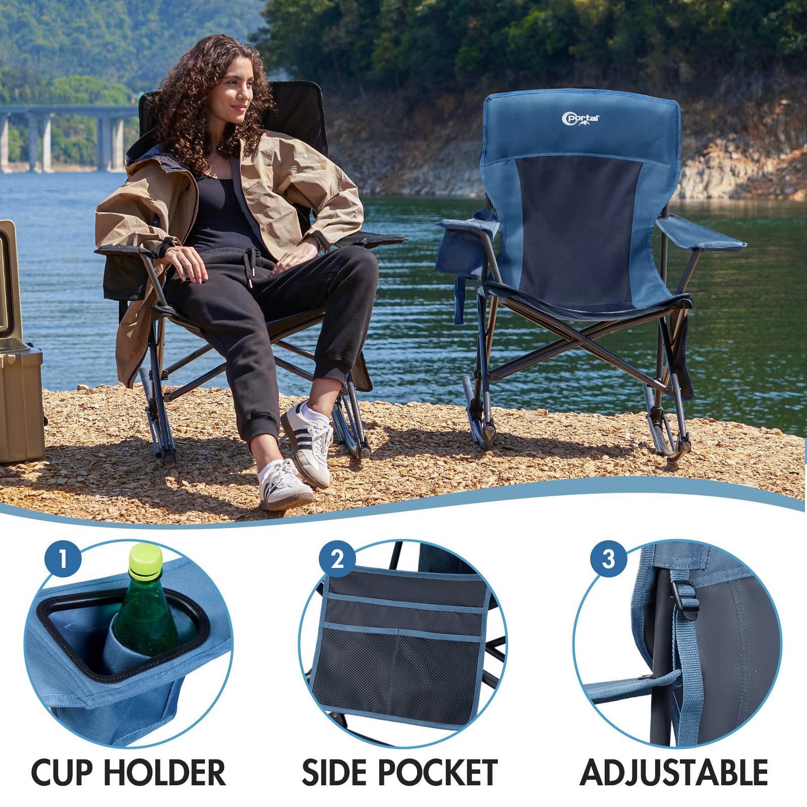 Portal folded next to a backpack illustrating portable size and easy transport