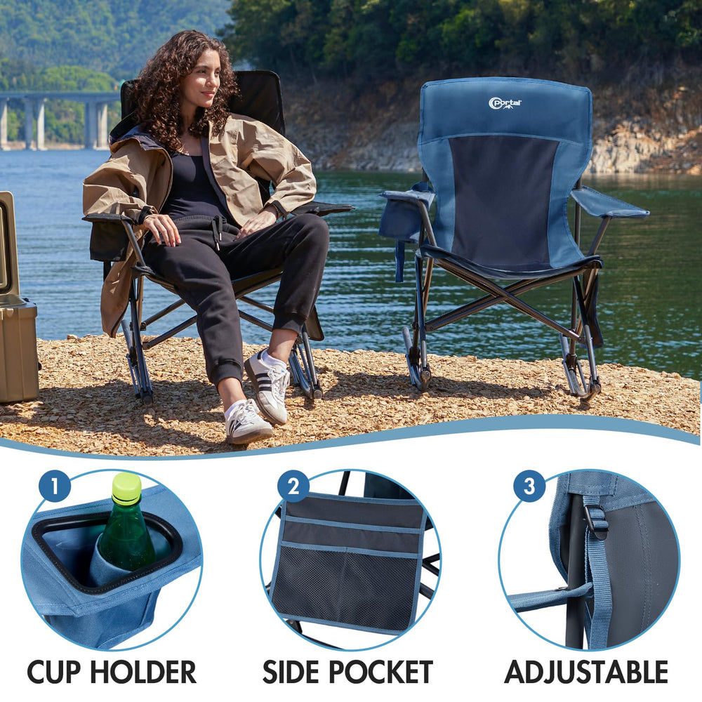 Portal folded next to a backpack illustrating portable size and easy transport