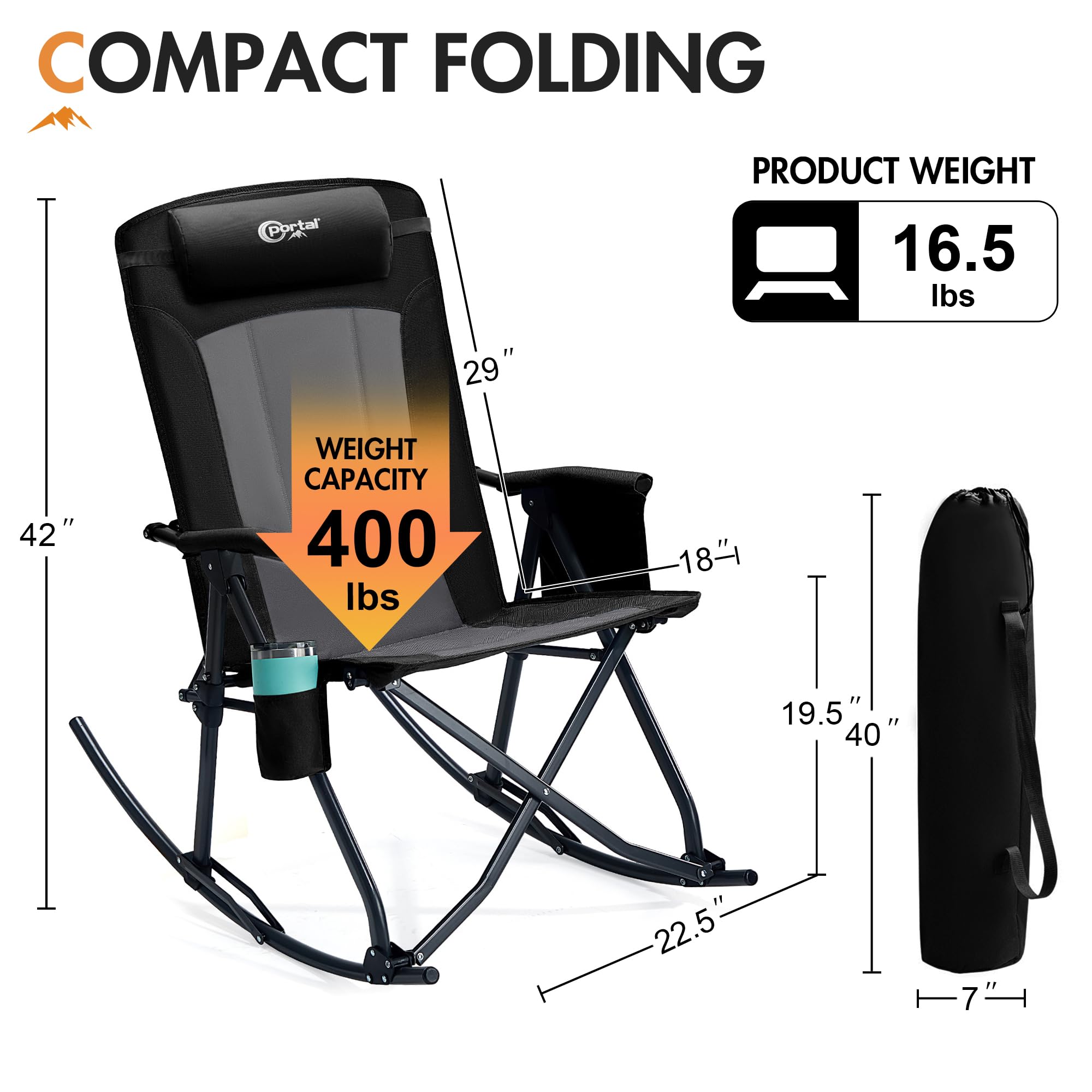 Portal size comparison with person showing generous seat space and 400 lb capacity