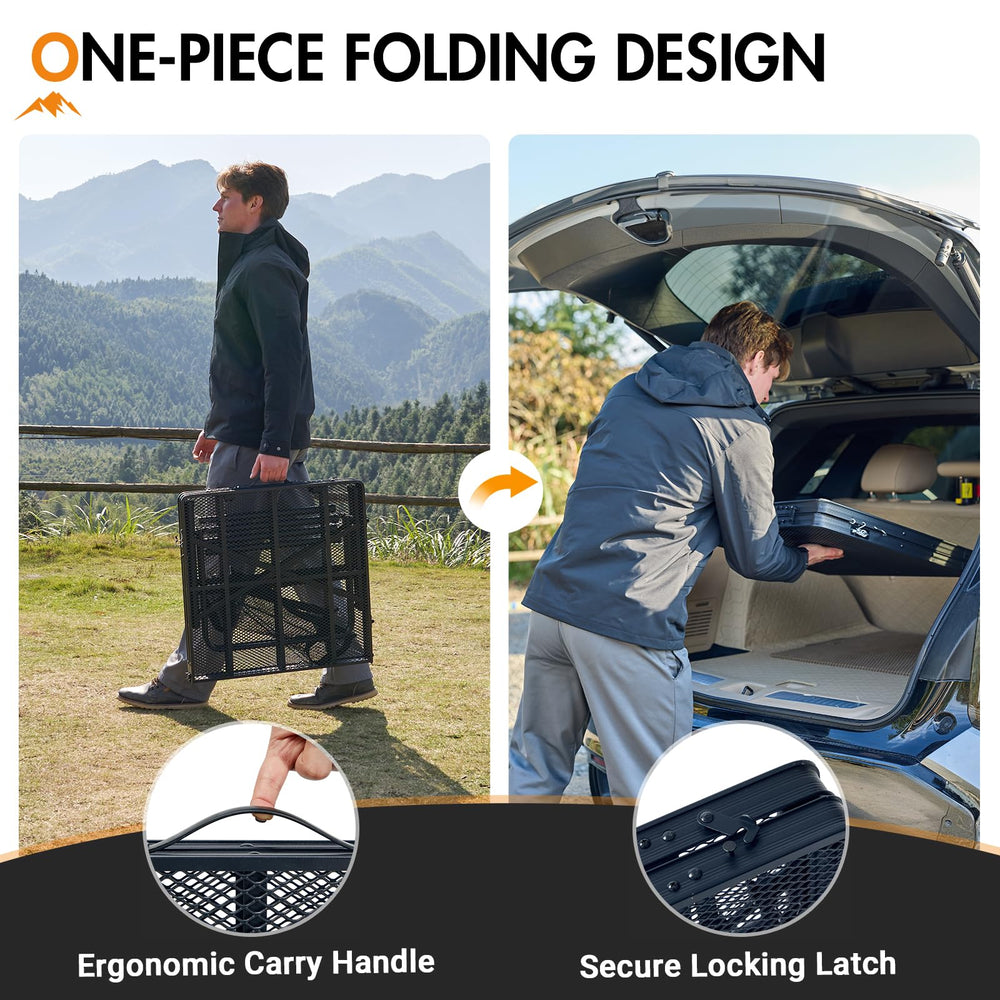 Portal table with camping stove demonstrating safe cooking surface benefit