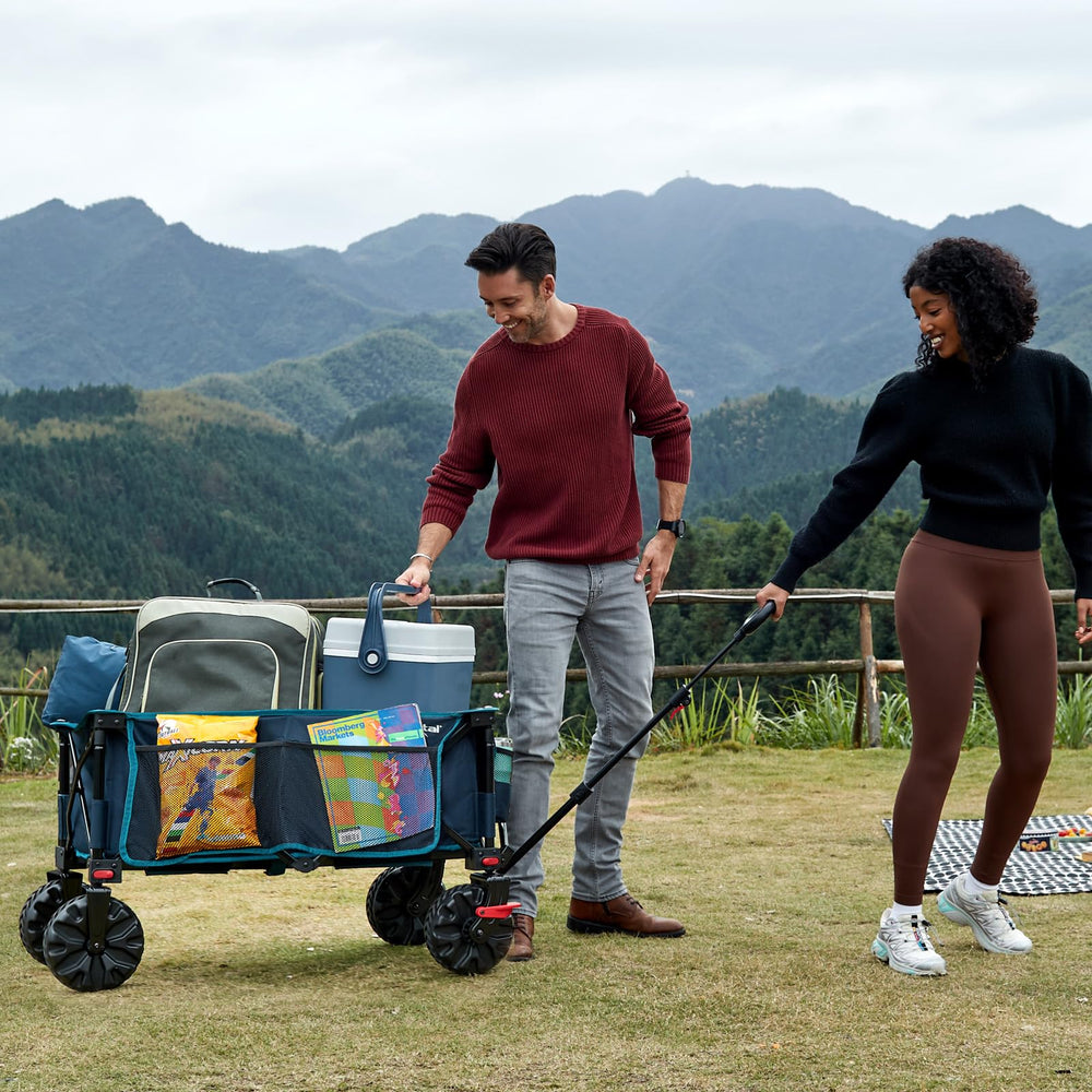 Portal wagon next to person showing size and 450 lb static capacity benefits