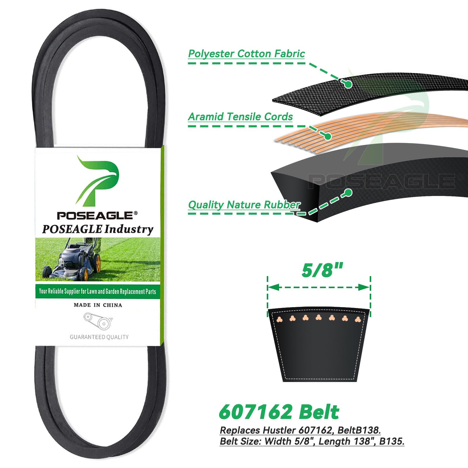 POSEAGLE deck belt laid flat to show B138 length and reliable power transfer