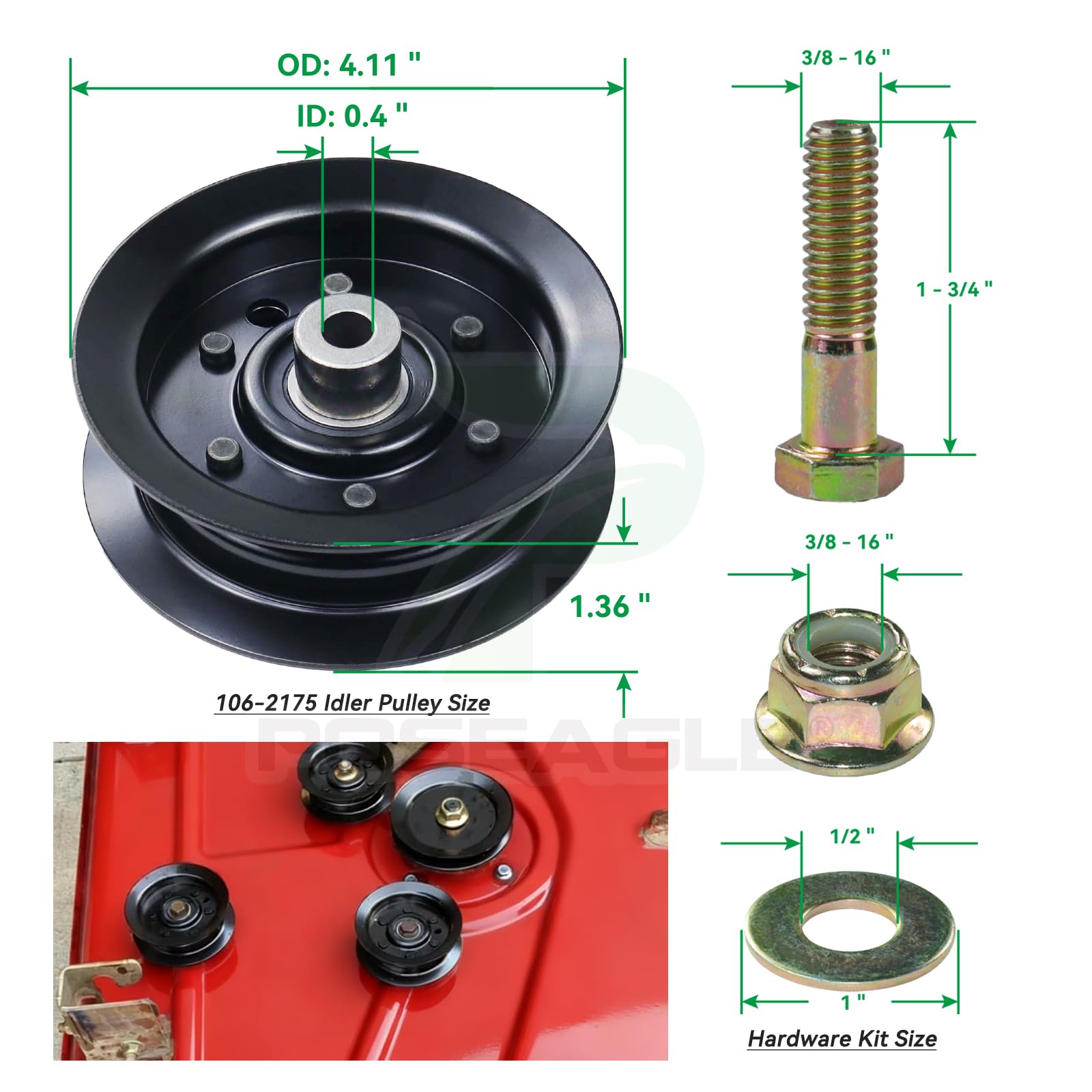 POSEAGLE replacement belt laid flat with measurements for accurate deck fitment