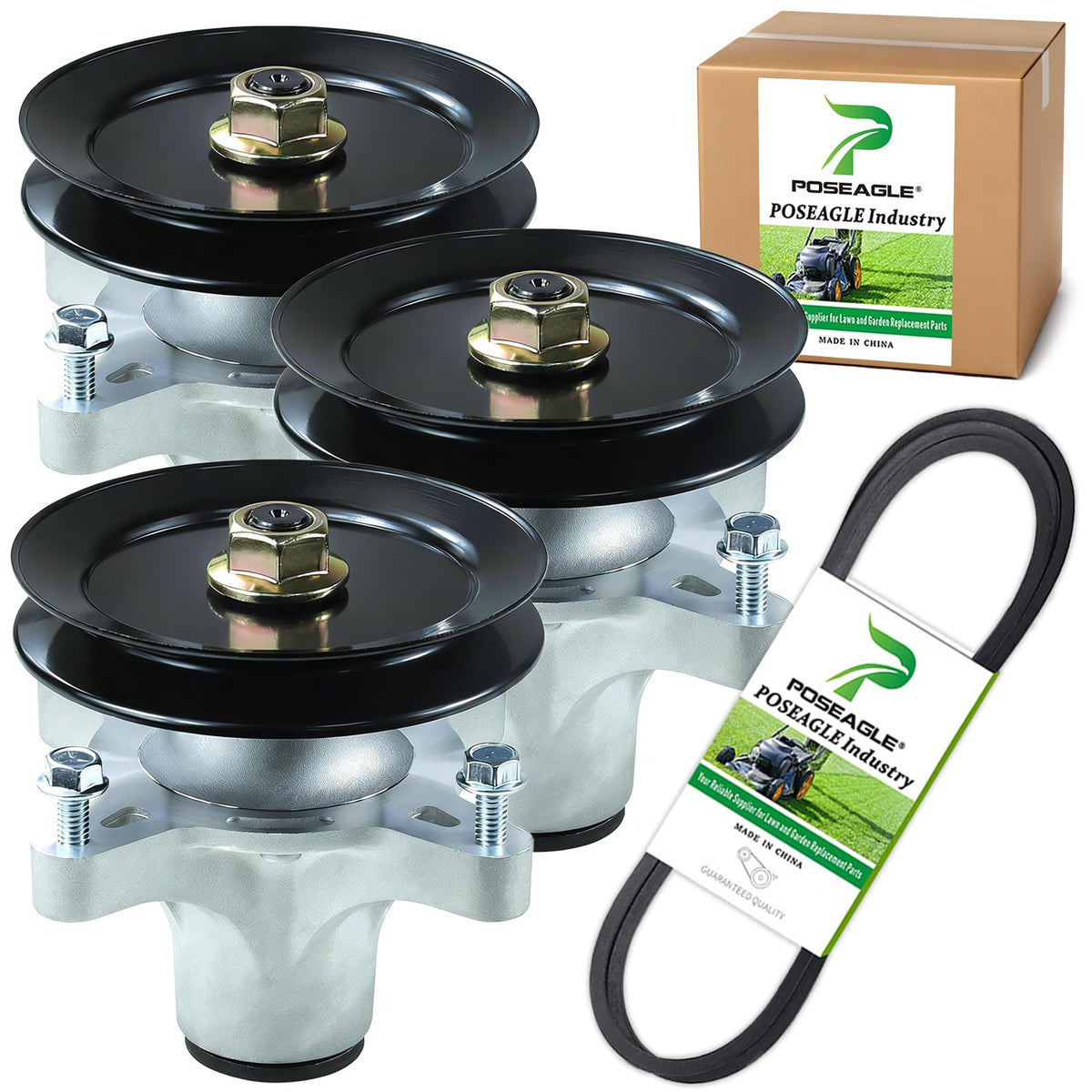 POSEAGLE front view of 3-pack spindle kit showing contents and easy replacement benefit