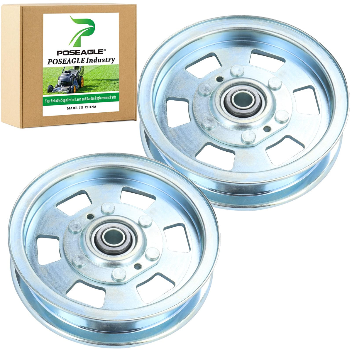 POSEAGLE front view of two idler pulleys showing fit and finish benefit