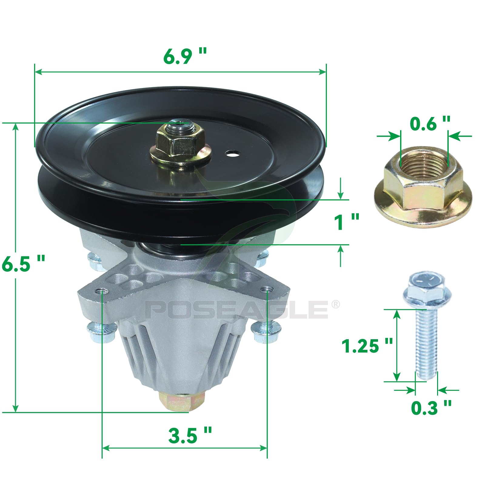 POSEAGLE idler pulley with bolt, washer and nut showing hardware for secure mounting