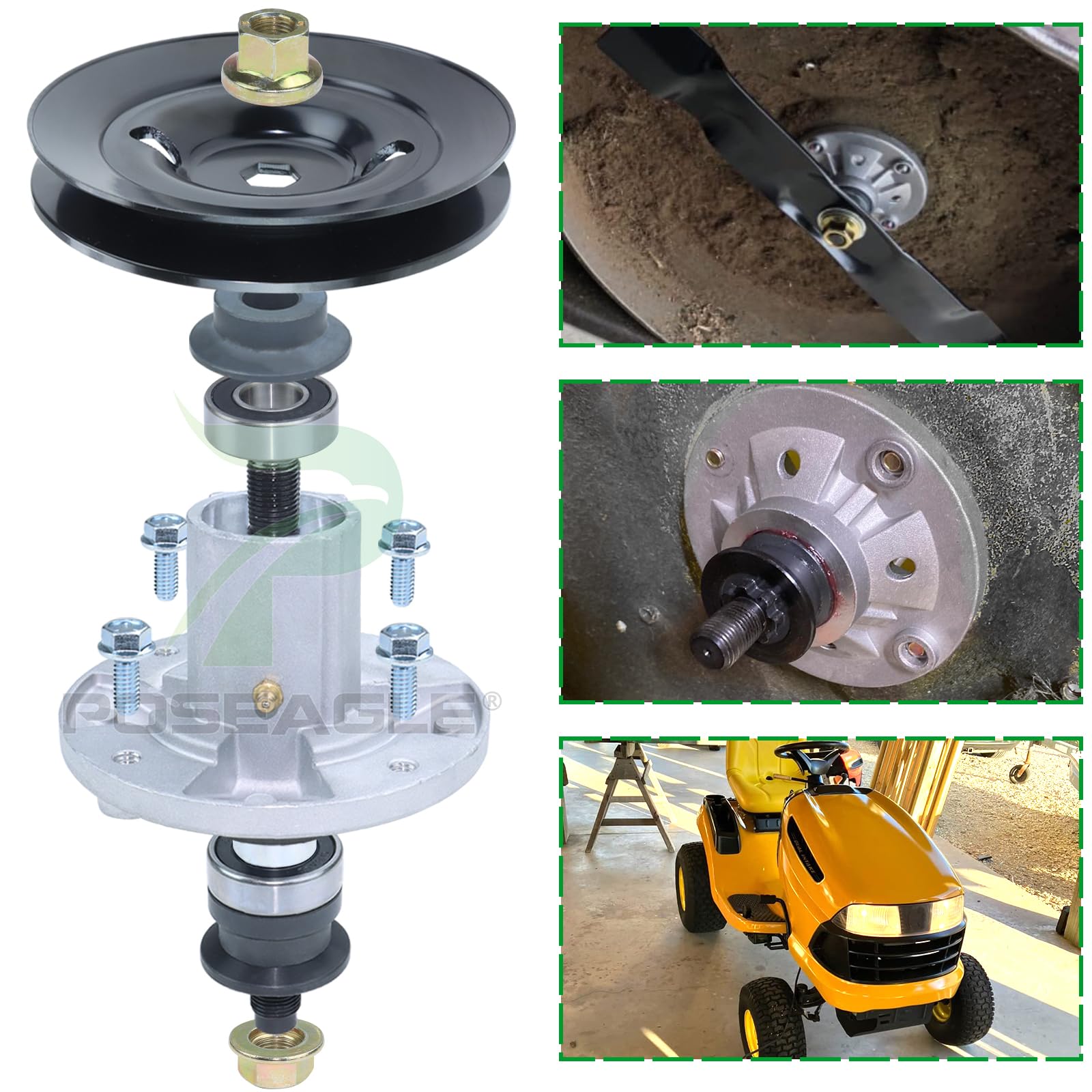 POSEAGLE spindle kit installed on a John Deere deck demonstrating restored rotation