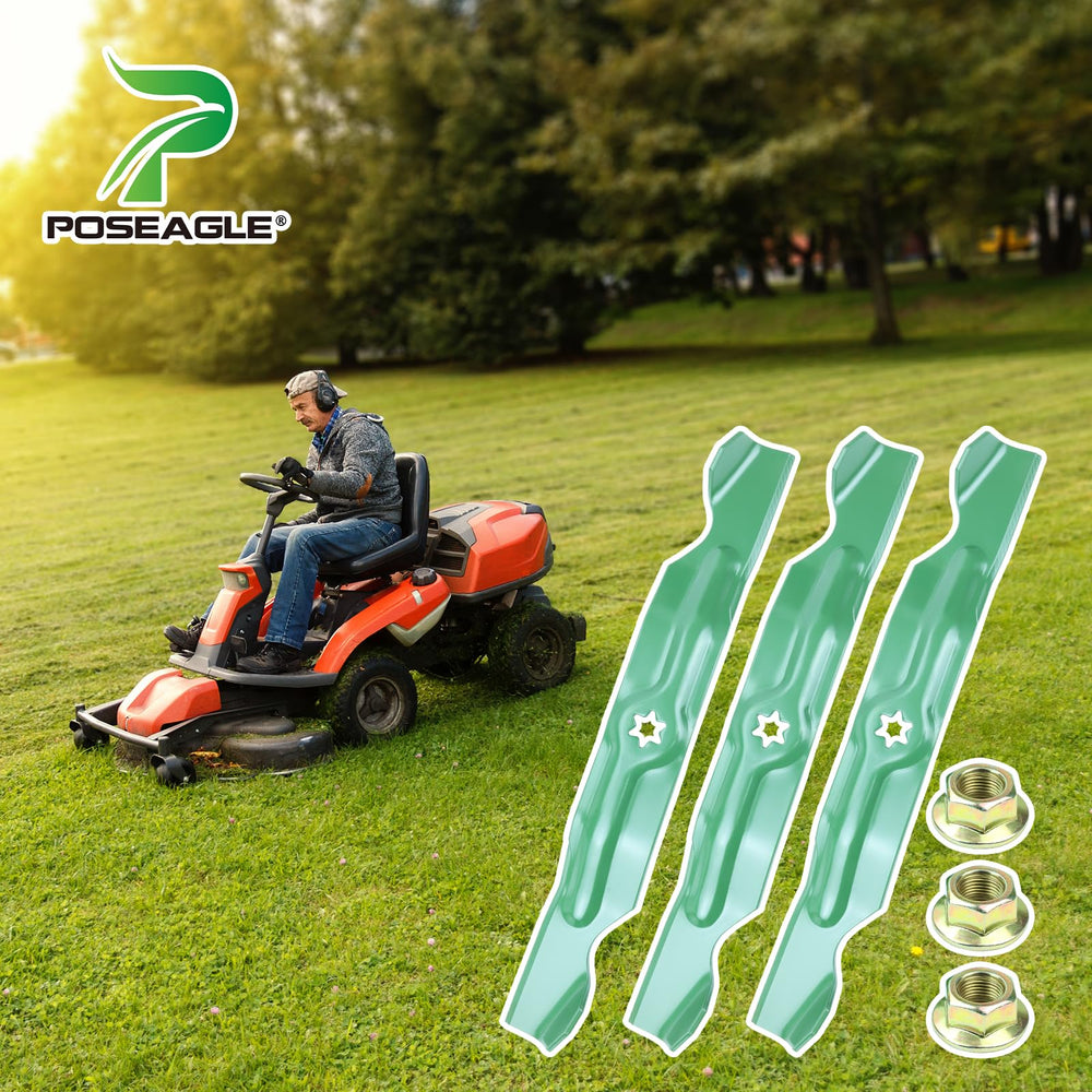 POSEAGLE mowing lawn action shot showing cleaner bagging and discharge