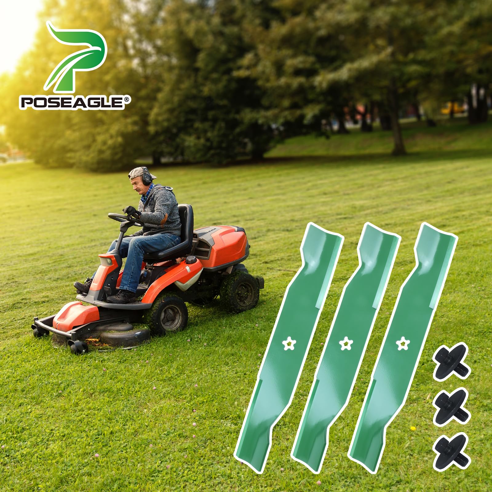 POSEAGLE mower in use with blades delivering uniform cut and efficient clippings