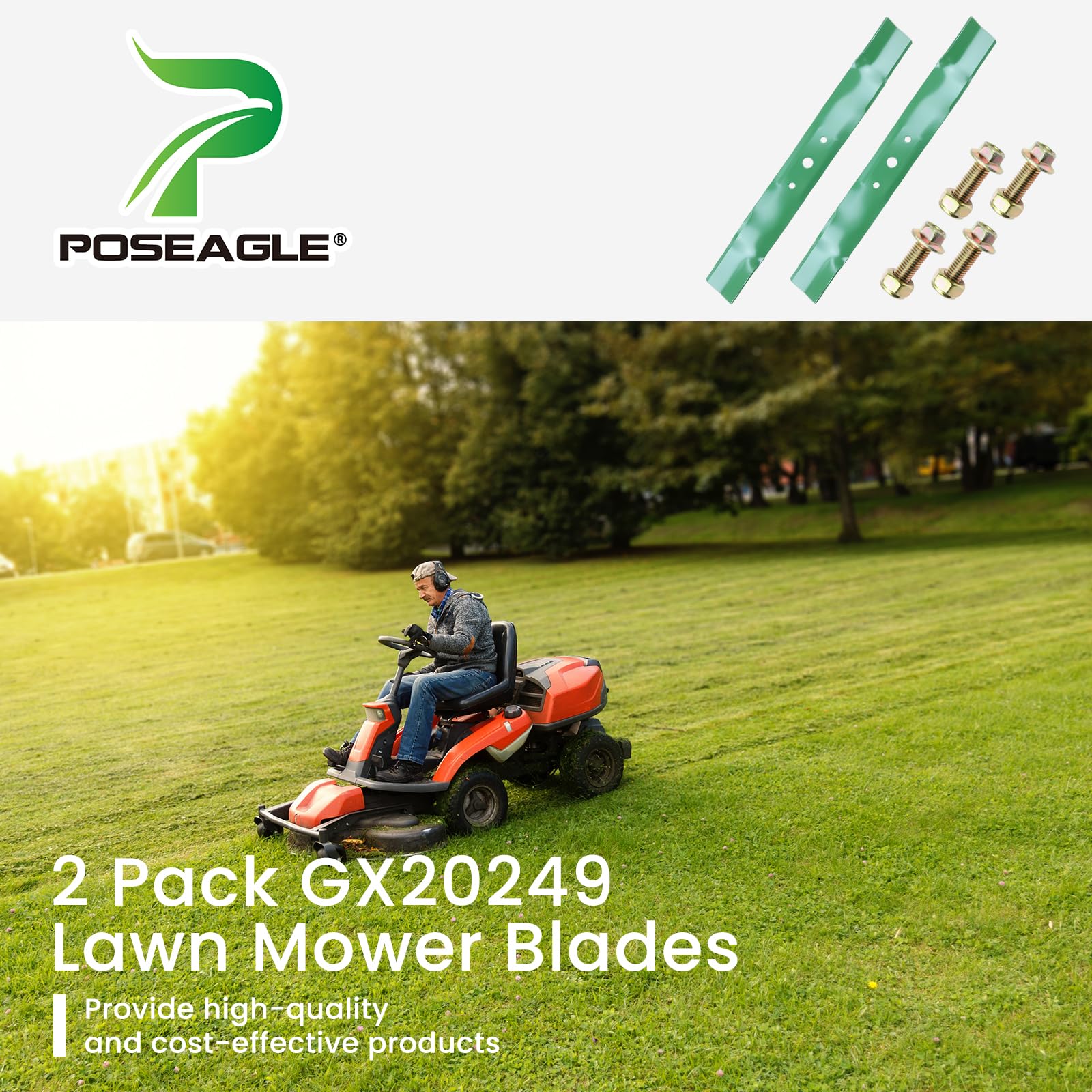 POSEAGLE lifestyle image of a rider mower cutting an even lawn