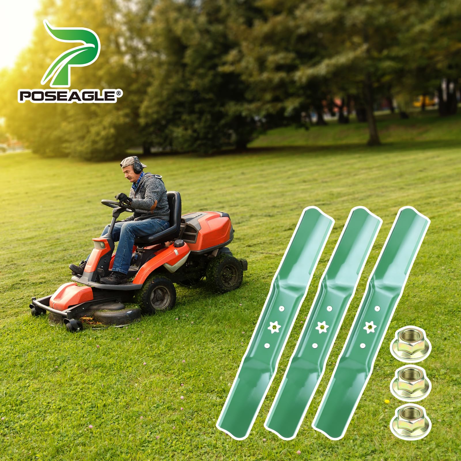 POSEAGLE on lawn tractor in yard showing cleaner cut and efficient bagging