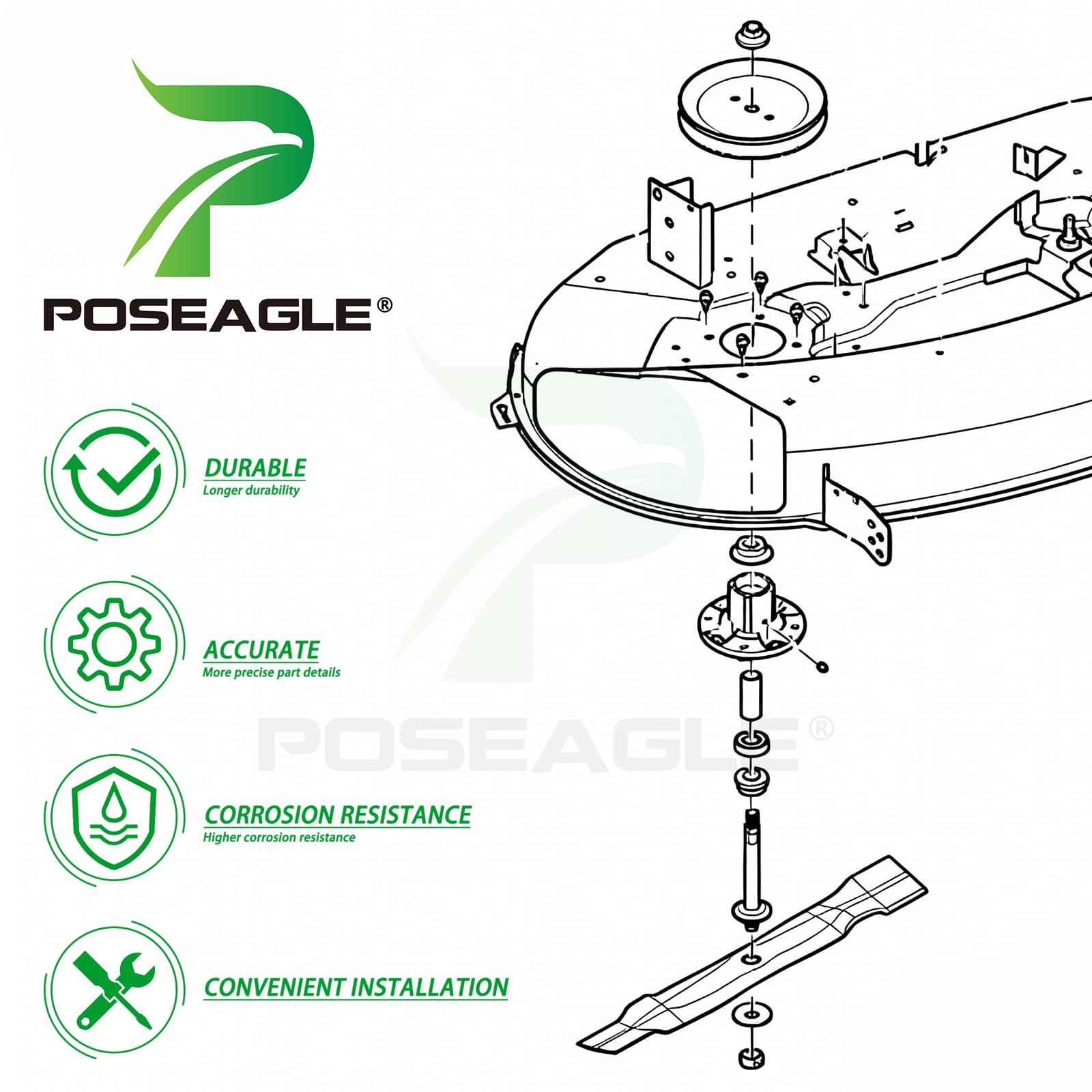 POSEAGLE technician replacing deck spindles in a backyard mower maintenance scene