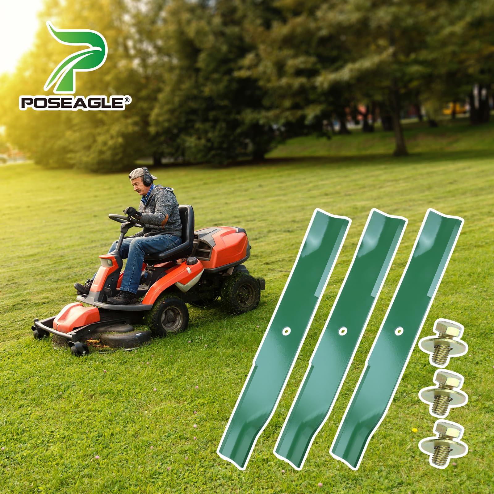 POSEAGLE lifestyle shot mower in use showing faster mowing and cleaner discharge