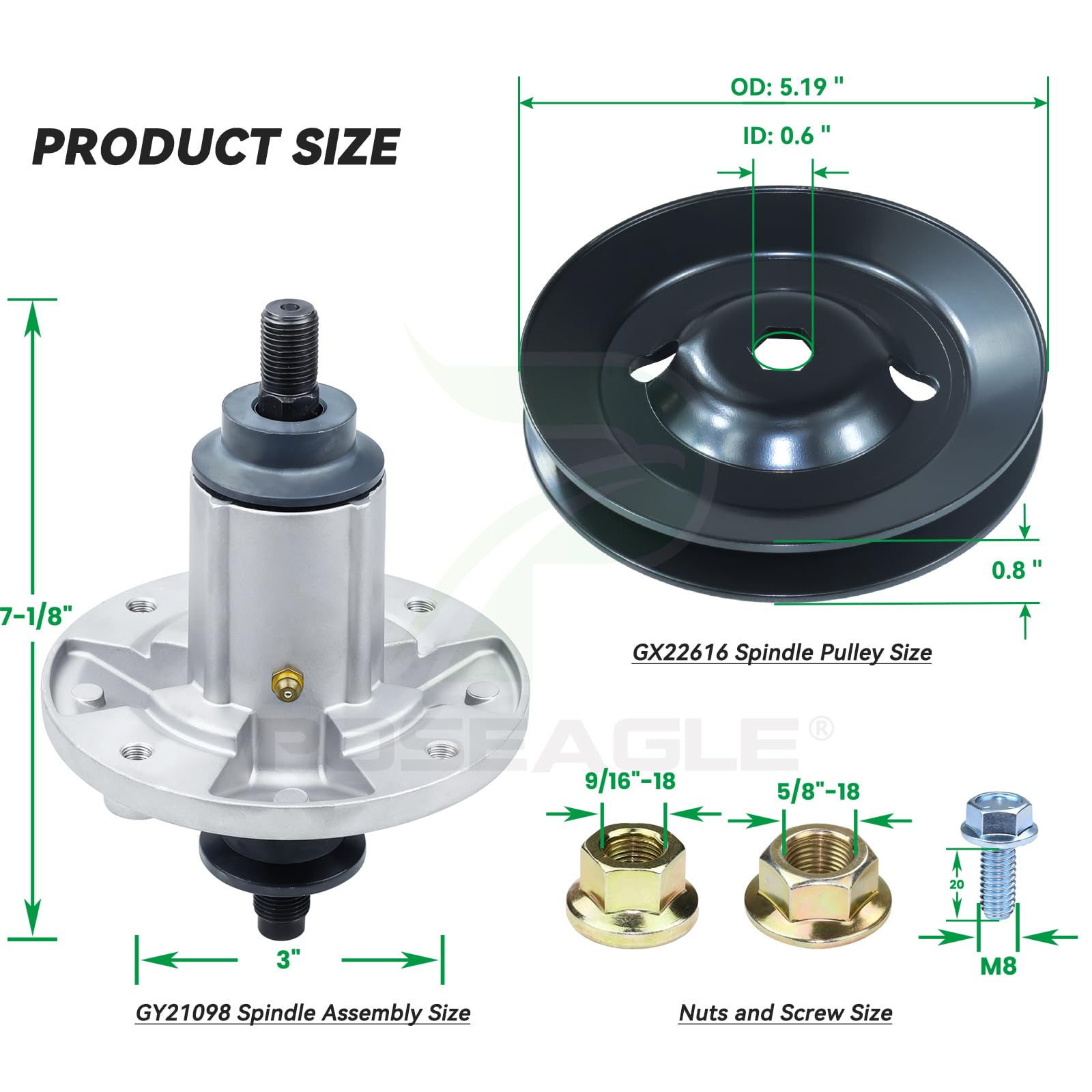 POSEAGLE pulley showing OD 5.19", ID 0.6", height 0.8" for correct belt tracking