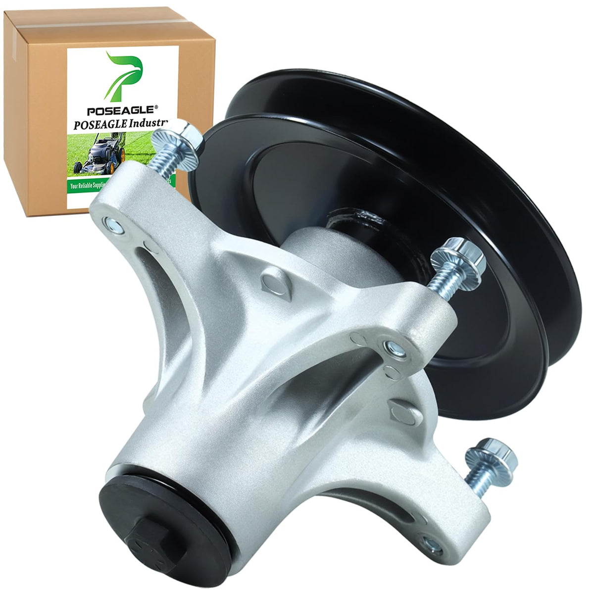POSEAGLE spindle assembly front view showing robust construction and improved deck stability