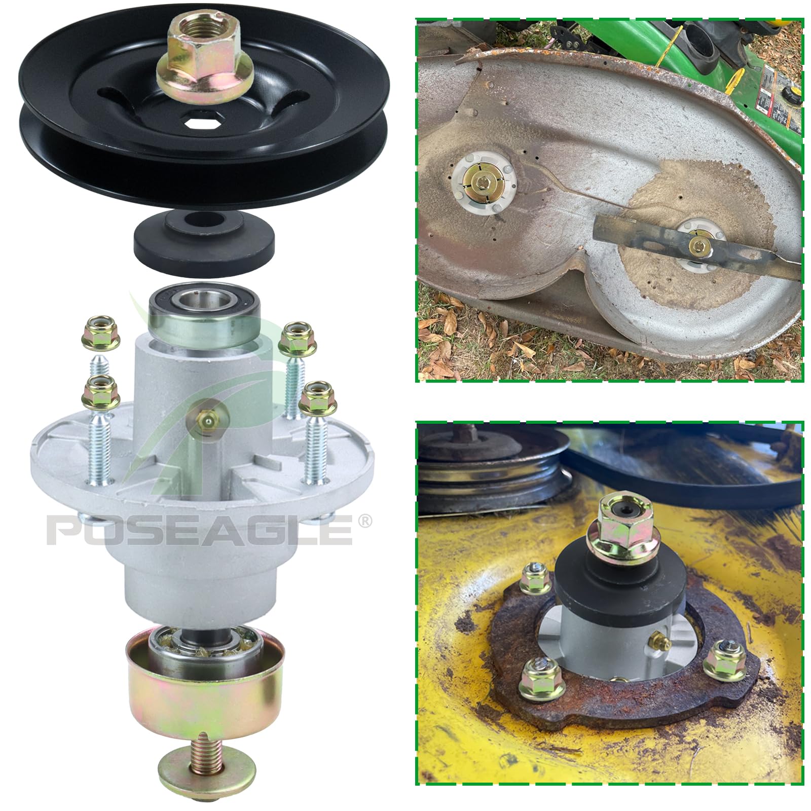 POSEAGLE spindle installed on mower deck illustrating restored blade alignment