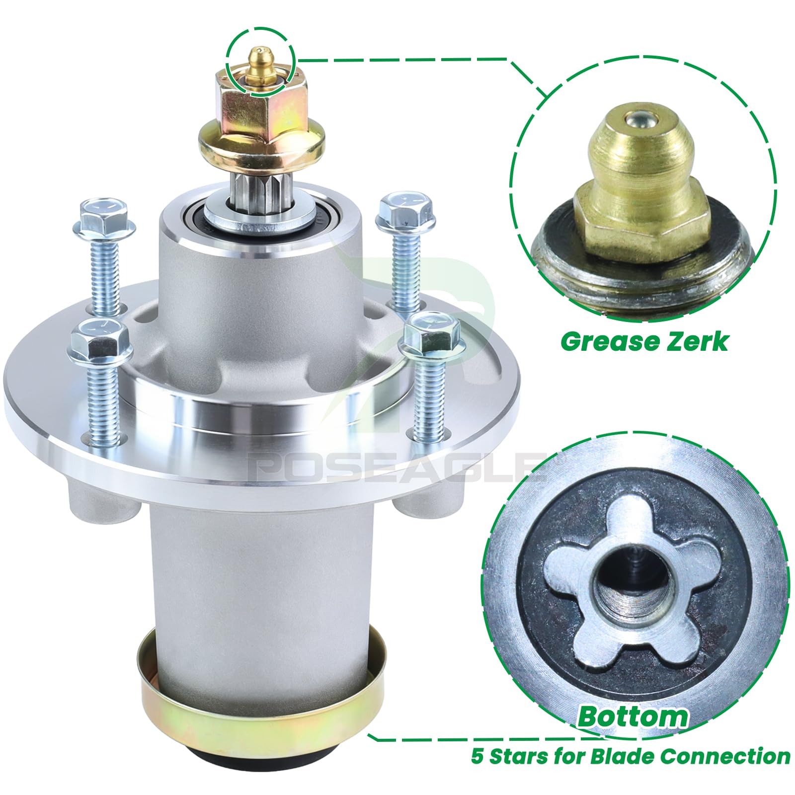 POSEAGLE spindle installed on Husqvarna deck demonstrating direct-fit replacement