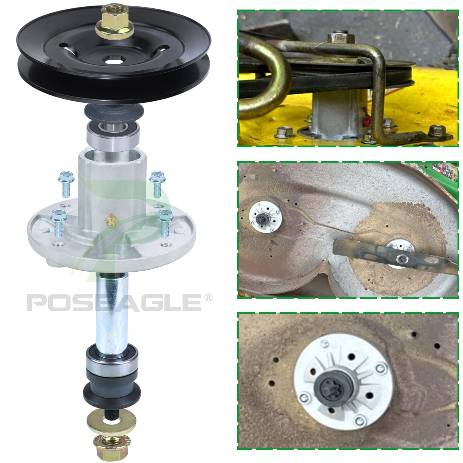 POSEAGLE mounted on mower deck in use restoring smooth, even cutting performance