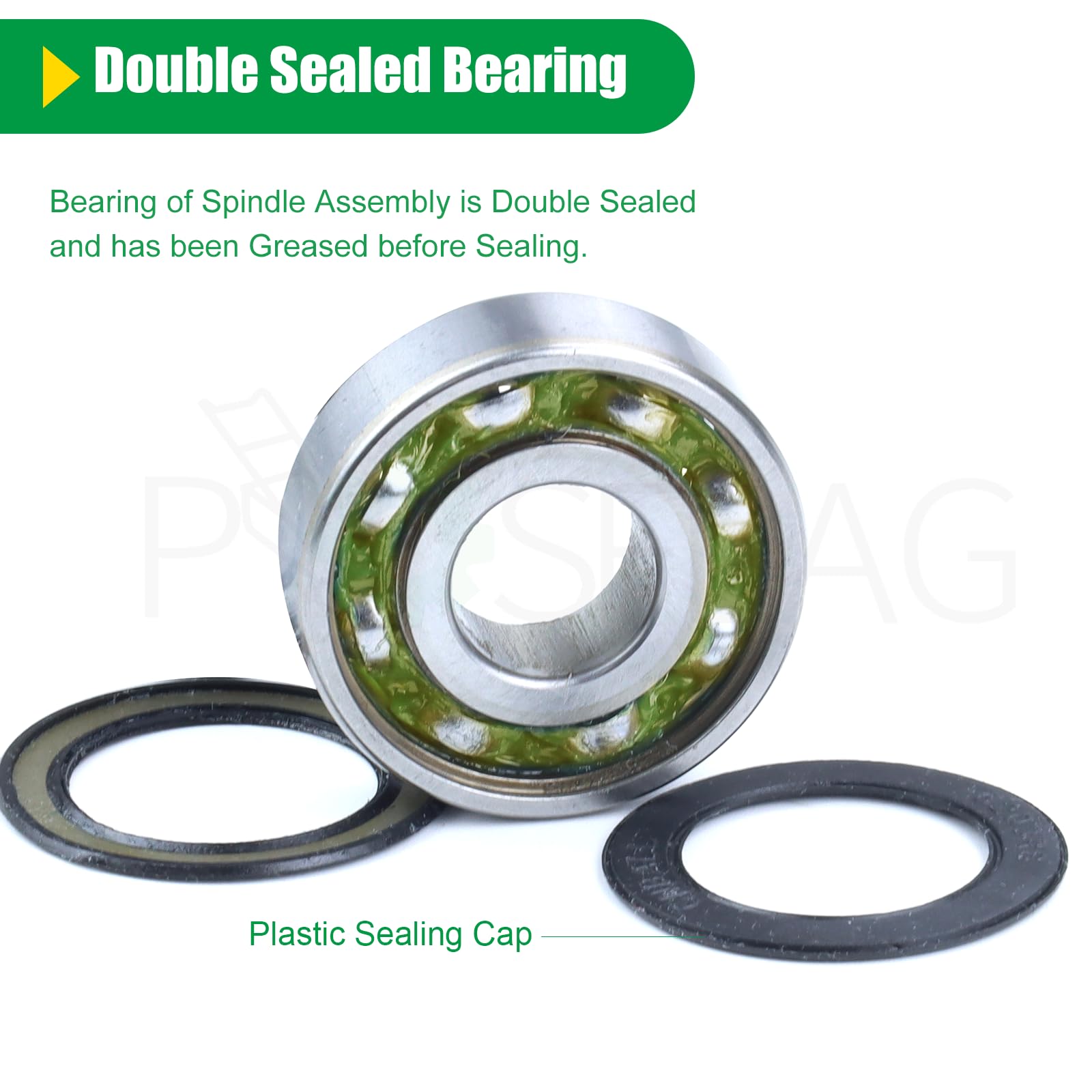 POSFLAG spindle installed on mower deck showing restored blade stability